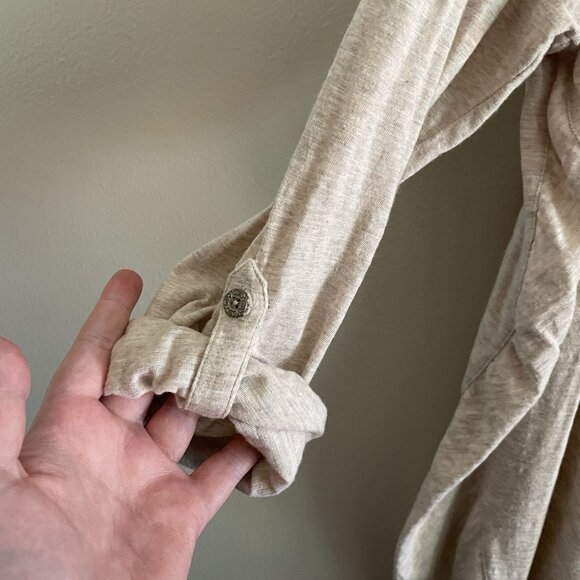 J.Jill Women XL Oatmeal Jersey Slub Roll Tab Sleeves V-Neck Button Up Top - Picture 3 of 9